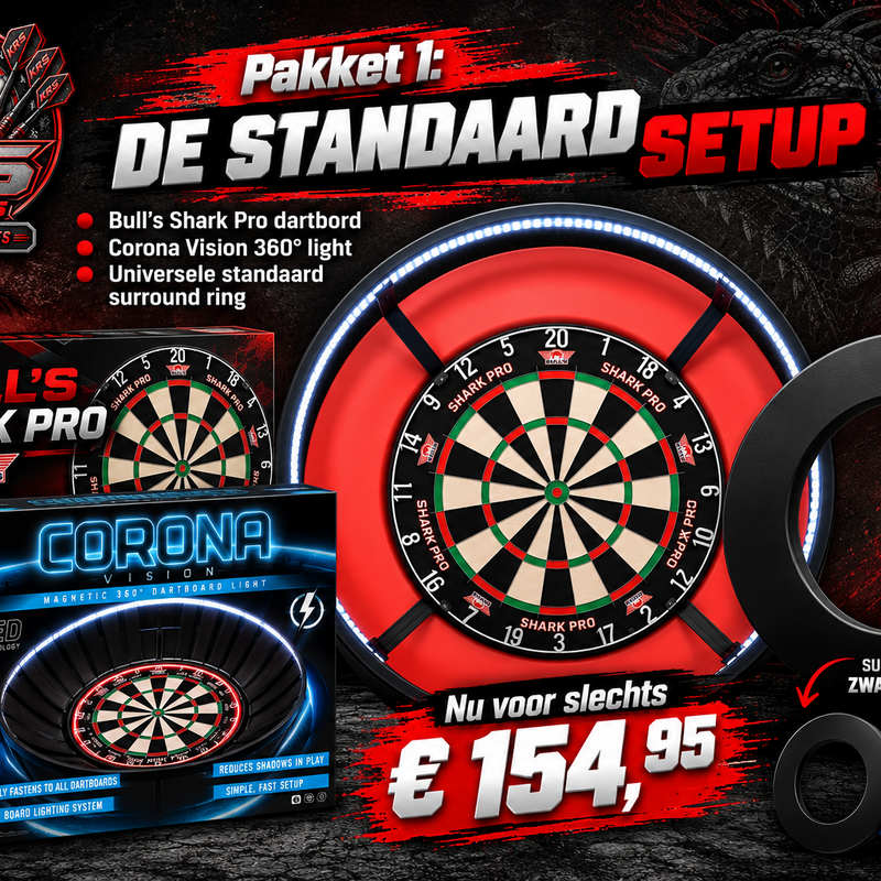 Pakket 1 :
Bull's Shark Pro Dartbord
Surround Standaard
Target Corona Lightning