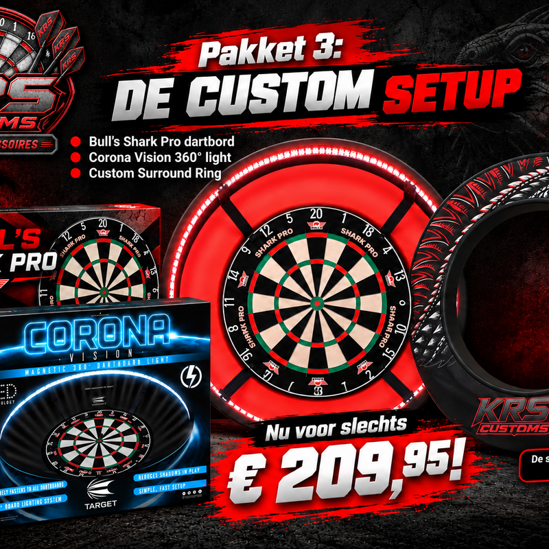 Pakket 1 :
Bull's Shark Pro Dartbord
Surround Custom
Target Corona Lightning